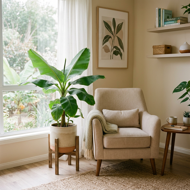 Ambiente acolhedor com planta bananeira anã